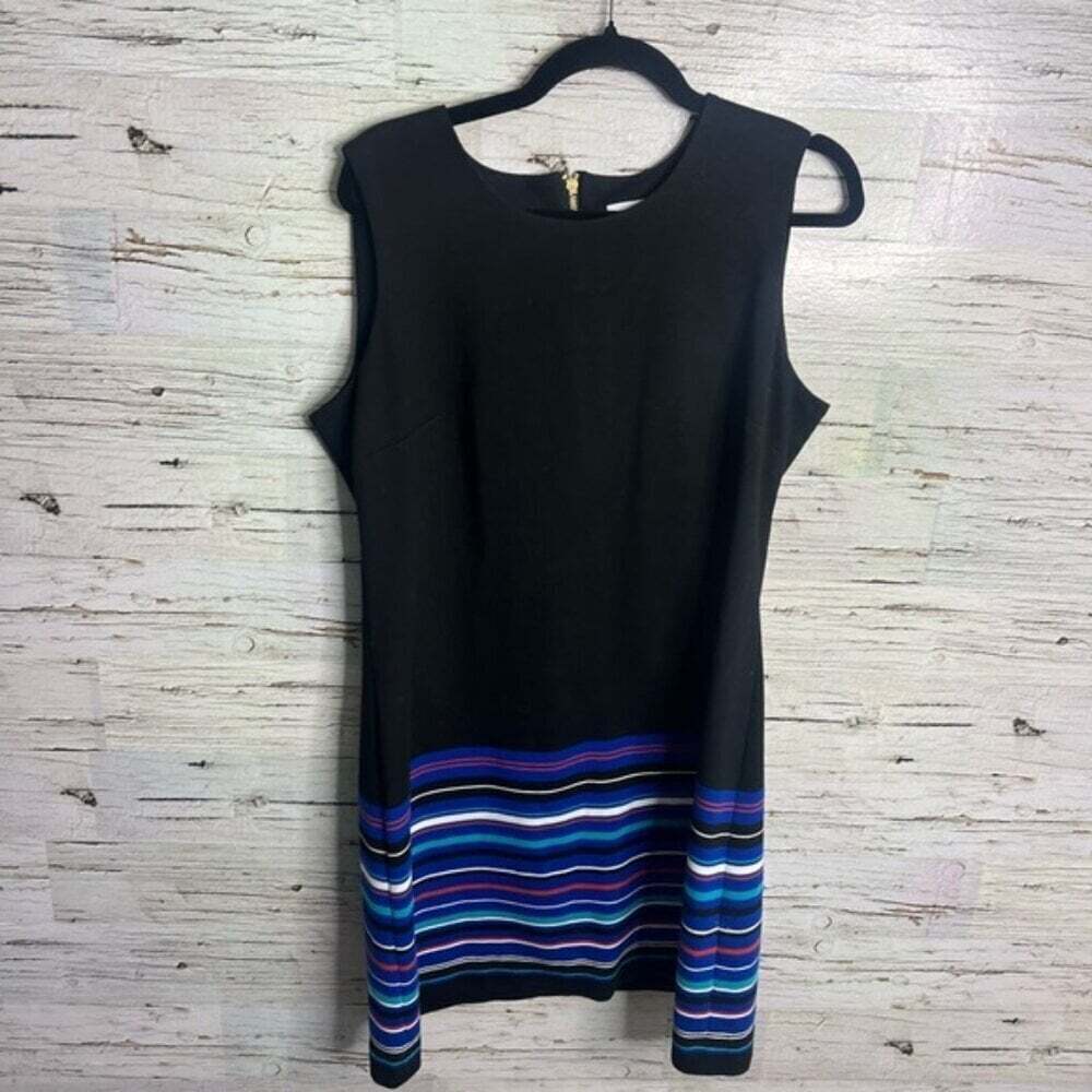 Calvin Klein dress black purple striped size 14 sheath